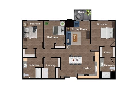Floor plan for 3 beds, 2 baths, 1126 sqft